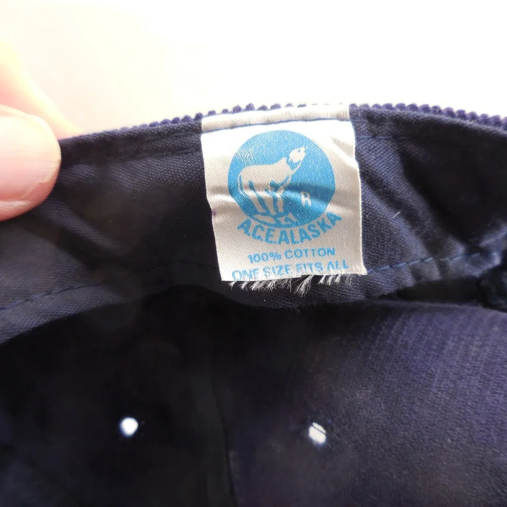 Vintage Ace Alaska Salmon Corduroy Snapback Hat Navy Blue Fish Rope Trucker OSFM